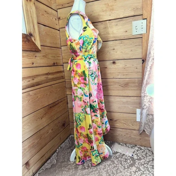 Cleo Yellow Floral Ruffle Hem Maxi Dress Sleeveless Tie Waist XS - Picture 5 of 12